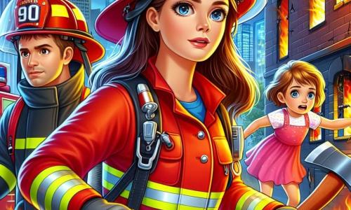 Clara, a brave firefighter, wears a bright red uniform and a shiny helmet. Her face shows concentration and determination, with brown hair escaping from her helmet. She holds an axe in one hand and confidently guides her team near a broken window of a burning building. Next to her, Sam, a firefighter in his 30s, is breaking debris with a crowbar. He has short hair and a well-groomed beard, with a serious yet resolute expression. A little girl with blonde hair and wide eyes, about 7 years old, is being rescued by Clara. She wears a pink dress and looks both scared and relieved. The scene is set in a burning building, with orange and yellow flames dancing in the dark sky and black smoke billowing from the windows. Debris is scattered around, and firefighters are working in the background to control the fire. The main focus is on Clara in action, saving the little girl from the burning building, showcasing the courage and bravery of firefighters in the face of imminent danger.