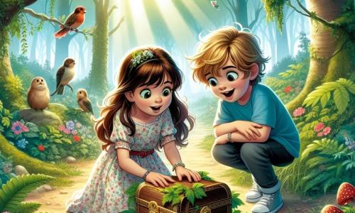 In einem verzauberten Wald führen zwei Kinder, Anna und Max, eine Untersuchung durch. Anna, ein 7-jähriges Mädchen mit langen braunen Haaren und einem Blumenkleid, beugt sich neugierig über eine kleine Holzkiste, die unter Blättern versteckt ist. Neben ihr schaut Max, ein 6-jähriger Junge mit zerzausten blonden Haaren und einem blauen T-Shirt, mit weit aufgerissenen Augen, bereit, das Geheimnis zu entdecken. Die Szene spielt in einem grünen Unterholz, wo Sonnenstrahlen durch die Äste majestätischer Bäume filtern. Bunte Blumen bedecken den Boden, und Vögel singen fröhlich in den Ästen. Anna und Max erkunden den geheimnisvollen Weg, der sie zur Kiste geführt hat, umgeben von einer magischen Atmosphäre und einem leichten Nebel. Sie sind fasziniert von der Idee, einen versteckten Schatz zu finden, während sie das Geheimnis ihres Abenteuers bewahren.