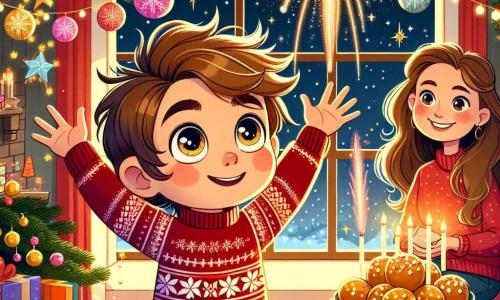 Een 8-jarig jongetje, genaamd Lars, met rommelig kastanjebruin haar en nieuwsgierige ogen, staat in het midden van de scène met zijn armen omhoog naar de lucht, verwonderd door een schitterend vuurwerk. Hij draagt een rode trui met sneeuwvlokmotieven en een spijkerbroek. Naast hem staat zijn moeder, een vrouw van ongeveer 35 jaar met lang bruin haar, die glimlacht terwijl ze een bord oliebollen vasthoudt, traditionele Nederlandse zoetigheden die ze klaar is om met de gasten te delen. Ze staat iets naar achteren, omringd door kleurrijke slingers die de kamer versieren. De scène speelt zich af in een warme woonkamer, vol met nieuwjaarsdecoraties: gouden ballonnen, fonkelende lichten en slingers aan de muren. Een groot raam toont de nachtelijke lucht, verlicht door kleurrijke vuurwerkexplosies die in een sterrenregen knallen. De hoofdscène toont Lars, verwonderd, terwijl hij de magie van het nieuwe jaar ontdekt, terwijl hij het vuurwerk bewondert dat lijkt te zweven in de lucht, wat een feestelijke en vrolijke sfeer om hem heen creëert.