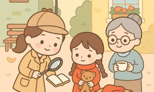 O detectivă tânără, zâmbitoare dar concentrată, cu păr brun prins în coadă, palton galben deschis şi o lupă lângă un carnet deschis, priveşte urme mici pe ciment; o fetiţă de circa 8 ani, timidă şi uşurată, cu părul împletit, costum roşu şi o eşarfă roşie aşezată pe o cutie de carton, ţine o jucărie de pluș şi arată cutia lângă detectivă; o femeie în vârstă cu părul gri prins în coc şi ochelari rotunzi, cu un zâmbet blând, ţine o ceaşcă de ceai pe prispa unei ferestre cu flori şi priveşte scena; curte de bloc colorată dimineaţa, faţade verzi şi galbene, banc de lemn, felinar vechi, afişe pe un stâlp, frunze şi o mică băltoacă de lapte vărsat; situaţia: detectiva examinează urmele lângă bolul de lapte vărsat în timp ce fetiţa arată timid cutia, atmosferă caldă, culori pastel, compoziţie clară şi centrată, expresii blânde, stil kawaii minimal, linii clare.