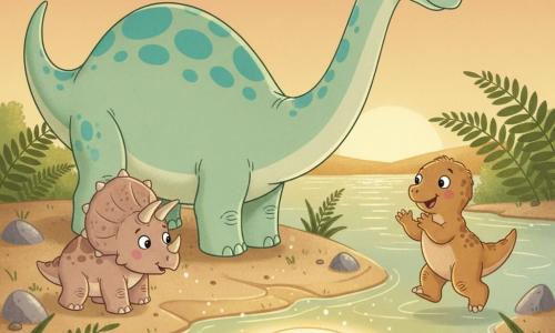 Dipo de diplodocus is het hoofdpersonage: groot en lang met een dunne nek, glad lichtgroen vel met turkooise vlekken, ronde vriendelijke ogen, lichte glimlach, hij buigt zijn hoofd om zacht het zand weg te blazen. Links Tria de triceratops, klein en rond, beige-roze pantser met drie korte afgeronde hoorntjes, nieuwsgierig naar een glanzende steen bij de waterkant. Rechts Timo de jonge T-Rex, klein en harig, lichtbruin met mollige pootjes, hij klapt enthousiast terwijl hij huppelt. Locatie: prehistorische rivierkust bij schemering, glinsterend water met gouden reflecties, zanderige oevers, grote groene varens en enkele glanzende stenen, zachte oranje lucht. Hoofdsituatie: de drie dino's verzamelen zich rond een lichtgevende steen (de "maansteen") die een warme cirkel op het water werpt terwijl Dipo het zand weg blaast om haar te onthullen; rustige sfeer, eenvoudige ronde vormen, warme contrasterende kleuren, scherpe contouren en vectorstijl geschikt voor peuters.