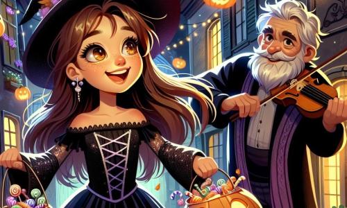 O fată de 12 ani, Mara, cu păr lung brunet și ochi strălucitori de curiozitate, poartă un costum de vrăjitoare negru, împodobit cu sclipici argintiu. Zâmbește entuziastă, ținând în mână un coșuleț pentru dulciuri și un dovleac în cealaltă, care dansează vesel lângă ea. Aproape de ea, un violonist în vârstă, cu păr alb și barbă îngrijită, cântă la vioară, având ochii strălucind de înțelepciune și bunătate. Se află ușor în spate, observând-o pe Mara cu un zâmbet complice. Decorul este o alee întunecată, iluminată de lumina blândă a felinarelor în formă de dovleac, cu frunze de toamnă împrăștiate pe jos. Casele vechi cu obloane colorate înconjoară scena, creând o atmosferă misterioasă și festivă. Mara, plină de energie, dansează și cântă cu prietenii ei, în timp ce dovleacul, animat de magia Halloween-ului, se învârte în jurul ei, aducând o notă de bucurie și magie nopții.