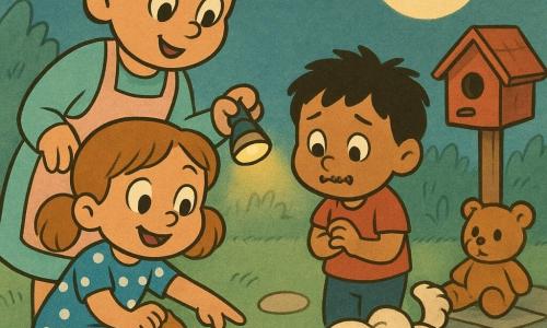 Una niña de 4 años, Lila, sonriente y curiosa, con coletas castaño claro y ojos grandes, lleva un vestido azul con lunares blancos; se agacha y señala migas con el índice mientras sostiene un cuadernito imaginario. Un niño de ~3 años, Nico, tímido, con el pelo negro alborotado y bigotes de chocolate, está de pie junto a una casita de pájaros de madera pintada de rojo, con una caja de galletas metálica abierta a sus pies. La mamá, unos 30 años, tranquila y dulce, con el pelo recogido y un delantal pastel, está detrás de Lila sonriendo y sujetando una linterna-juguete encendida. Un perro blanco y esponjoso, Nube, mueve la cola con migas en el hocico junto a Nico; un osito de peluche rojizo, Pompón, está en un escalón observando. Jardín gráfico con hierba verde suave, sendero de piedras redondeadas y una gran luna pálida asomando en el cielo crepuscular; la escena muestra la descubrimiento: Lila señala las migas que van de la cocina a la casita, Nico admite con sonrisa culpable y la mamá ilumina la pista. Estilo: líneas suaves tipo "rubber hose", colores pastel saturados, texturas de lápiz, sombras suaves y expresiones exageradas aptas para niños.