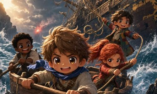 A boy named Finn (~13) with a round smiling face, a blue scarf blowing, messy brown hair and bright eyes, brave but slightly trembling, rows hard in a small wooden dinghy, muscles tense and water droplets on his face; a girl named Molly (~13) with red hair in a ponytail, focused and mischievous, holds a rope to help hoist a pulley to Finn’s right; a boy named Patch (~10) in a colorful patchwork coat with a mischievous grin stands at the stern and throws a line toward a distressed large ship; a young man called Tiny Tom (~15), stocky and strong, laughs as he pulls an oar behind Finn; the large ship, The Golden Gull, lists with torn sails, cracked wood, a split mast and gold paint chips, sailors silhouetted clinging to the rigging; the sea is rough with deep blue troughs, white foam, realistic splashes and bright droplets, under a stormy sky of swirling gray clouds and a red distress flare on the horizon; main scene: a dramatic yet warm rescue— the dinghy hauls the ship’s line close to dark rocks, visible motion, taut ropes, sprays of water and expressions of effort and cooperation; vivid contrasting colors, soft lines, detailed wood and fabric textures and golden sunlight piercing the clouds.