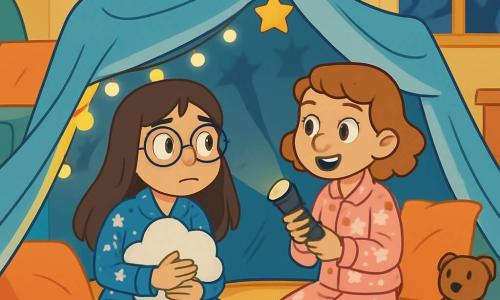 Er zijn 2 hoofdpersonages: - Lena: een 9-jarig meisje met lang bruin haar en ronde bril. Ze draagt een blauwe pyjama met witte sterren en houdt een zacht kussen in de vorm van een wolk vast. Ze zit op de grond in een fort van dekens, met een nieuwsgierige en een beetje nerveuze uitdrukking. - Noor: een 9-jarig meisje met kort, krullend lichtbruin haar. Ze draagt een roze pyjama met kattenmotieven en houdt een kleine zaklamp aan. Ze zit naast Lena, glimlachend en aanmoedigend, klaar om het fort te verkennen. De situatie speelt zich af in een warme woonkamer, gevuld met kleurrijke kussens en gezellige dekens. De muren zijn pastelgeel en er hangen twinkelende lichtslingers boven het fort. Een grote bank is zichtbaar op de achtergrond, met speelgoed verspreid op de vloer en een raam waar schaduwen van boomtakken in de nacht te zien zijn. De hoofdscène toont Lena en Noor zittend in hun dekenfort, met dansende schaduwen op de muren. Ze kijken om zich heen, een beetje bang maar vastberaden, terwijl Noor de donkere hoeken verlicht met haar zaklamp. De papieren sterren aan het plafond stralen zachtjes, wat een magische en geruststellende sfeer creëert.