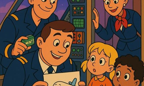 Luca è il pilota, uomo dal viso rotondo e sorridente, capelli castani corti, uniforme blu scuro con spalline dorate, che tiene un disegno di un aereo sorridente guardando con tenerezza i bambini; Diego, circa 30 anni, primo ufficiale, alto e slanciato con capelli corti e aria maliziosa, sta leggermente dietro nella cabina con una scatoletta di caramelle alla menta; Amina, circa 35 anni, capo cabina, con capelli raccolti e sorriso rassicurante, si affaccia alla porta proteggendo i bambini; Nora, bambina di circa 6 anni con codini biondi e occhi ammirati, tiene una matita e osserva il disegno; Samir, ragazzo di circa 7 anni con capelli neri ricci, timido e curioso, stringe un aeroplanino di carta; la cabina è luminosa e dettagliata con strumenti colorati, schermi verdi, leve argentate e oblò che mostrano un cielo viola al crepuscolo, atmosfera calda e rassicurante dopo l'atterraggio con stile grafico anni '90.