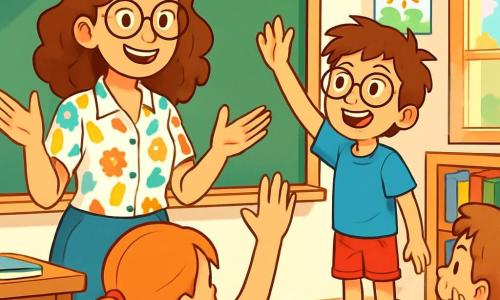 Una giovane donna, Maestra Sofia, sorridente e piena di vita, si trova davanti a una grande lavagna verde in un'aula luminosa. Ha capelli castani ondulati, occhiali rotondi e indossa una camicia colorata con motivi allegri. I suoi occhi brillano di entusiasmo mentre spiega qualcosa con gesti vivaci. Accanto a lei, Marco, un ragazzo di 8 anni con capelli castani disordinati e occhiali, alza la mano con un grande sorriso, pronto a fare una domanda. Indossa una maglietta blu e pantaloni corti rossi, e si è arrampicato su un piccolo banco per vedere meglio la lavagna. L'aula è piena di banchi di legno, libri colorati sugli scaffali e disegni appesi alle pareti. La luce del sole filtra dalle finestre, illuminando lo spazio con un'atmosfera calda e accogliente. La scena principale mostra Maestra Sofia mentre spiega un concetto con passione, mentre i bambini la ascoltano attentamente, alcuni prendendo appunti, altri alzando la mano per partecipare. L'atmosfera è gioiosa e dinamica, piena di curiosità ed energia.