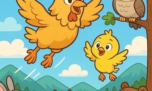 Una piccola gallina di nome Margherita, con piume dorate e un'espressione determinata, si lancia in volo, le ali spiegate, piena di gioia e coraggio. Accanto a lei, un pulcino di nome Pierino, con piume gialle e occhi scintillanti di eccitazione, la incoraggia battendo le ali, fluttuando leggermente sotto di lei. Sullo sfondo, un vecchio gufo saggio, con piume grigie e occhiali rotondi, osserva la scena da un ramo, con un sorriso benevolo. Il cielo è blu brillante punteggiato di nuvole bianche e soffici, con un bel paesaggio di montagne verdi e foreste lussureggianti sotto. La scena principale mostra Margherita che spicca il volo per la prima volta, circondata dai suoi amici animali che la applaudono da terra, meravigliati dal suo coraggio e dalla sua determinazione.