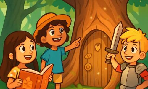 Er zijn 3 personages: - Lisa: een 10-jarig meisje met lang bruin haar en sprankelende ogen. Ze draagt een lichte bloemenjurk en houdt een groot verhalenboek vast. Ze staat links en kijkt verwonderd. - Noor: een 10-jarig meisje met kort, krullend haar, gekleed in een blauwe tuniek en een strohoed. Ze glimlacht vrolijk, staat in het midden en wijst naar een grote oude boom. - Bram: een 11-jarige jongen met rommelig blond haar en een ondeugende glimlach. Hij is gekleed als een kleine ridder met een kartonnen harnas en staat rechts, terwijl hij een houten zwaard omhoog houdt. De situatie speelt zich af in een betoverd bos, vol majestueuze bomen met dikke, knoestige stammen. Zonne-stralen breken door het dichte loof en verlichten de met groene mos en kleurrijke bloemen bedekte grond. In het midden staat een kleine houten deur, versierd met delicate patronen, omringd door kronkelige wortels. De hoofdscène toont de drie vrienden die een mysterieuze deur in het bos ontdekken. Lisa en Noor zijn gefascineerd, terwijl Bram, met een dappere blik, zich voorbereidt om de deur te openen. De sfeer is magisch, vol opwinding en nieuwsgierigheid, met fonkelende lichtjes om hen heen.
