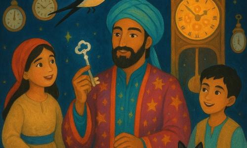 Al centro dell'immagine c'è un uomo, Hadi, con un volto sereno e occhi pieni di saggezza. Indossa un mantello dai colori vivaci con motivi di stelle dorate e tiene delicatamente una chiave d'argento brillante. Accanto a lui, una ragazza, Layla, una rondine dalle piume lucenti, vola graziosamente intorno alla sua testa. Un ragazzo, Samir, di circa 10 anni, è alla sua destra, sorridente, con una borsa di noci in mano, vestito con una tunica dai toni sabbia e cielo. Un gatto di nome Zaffiro, con occhi scintillanti come zaffiri, è seduto ai loro piedi. La scena si svolge in una sala magica, la sala degli echi, piena di orologi antichi con quadranti luminosi e lancette delicate, sospesi nell'aria come stelle in un cielo notturno. La situazione principale mostra Hadi e i suoi amici che riparano l'Orologio degli Astri, un gigantesco pendolo al centro della stanza, i cui ingranaggi dorati iniziano a brillare di una luce calda, simbolo dell'armonia ritrovata.