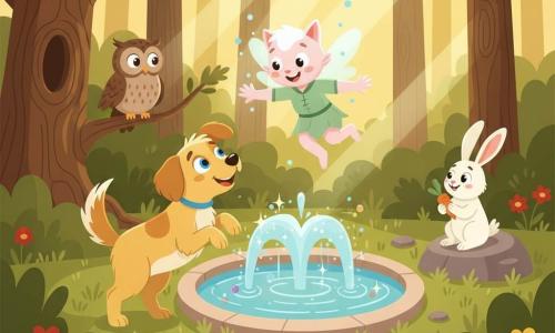 Un piccolo cane chiamato Lupo, felice e meravigliato, pelo dorato e occhi azzurri, in piedi sulle zampe posteriori davanti alla fontana, annusa l'acqua e guarda una luce; un folletto luminoso chiamato Lumino, creatura alata grande quanto un gatto, pelle madreperlacea e veste verde traslucida, danza sopra la fontana emettendo scintille blu e porge la mano verso Lupo; Gigi, il vecchio gufo dal piumaggio bruno maculato, posato su un ramo basso di una quercia a sinistra, osserva la scena con occhi saggi; Clara, la piccola lepre bianca, seduta su una roccia a destra con le orecchie dritte, tiene una carota e applaude; la radura ha erba fitta, tappeti di fiori rossi, gialli e violacei e alberi alti con tronchi ruvidi; al centro una fontana cristallina rotonda che scintilla come un diamante, acqua che riflette luci e bollicine colorate; scena di scoperta magica: la luce danzante guida Lupo verso la fontana, atmosfera calda, colori saturi, contrasti netti, silhouette semplici e forme arrotondate, composizione incentrata sullo scambio tra Lupo e Lumino.