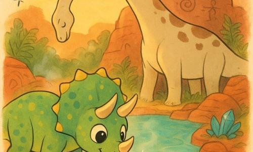 Lyra, a curious joyful triceratops with green scales spotted yellow, three shiny horns and big round eyes, sniffs and finds a small sparkling stone by a steaming pond as Vega, a gentle cream brachiosaur with brown spots, leans over to drink, their scene set in a secret oasis behind a carved rock wall with bluish steam pools, emerald ferns, red ochre‑streaked rocks and scattered crystals — a warm, saturated dusk-lit moment of wonder and discovery with playful doodle accents (bubbles, stars, arrows).