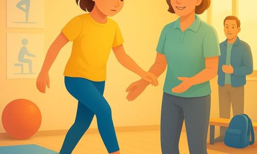 Die Protagonistin ist ein 10-jähriges Mädchen mit ruhigem, entschlossenem Gesicht, konzentrierten Augen, zusammengepressten Lippen und einer Haarsträhne auf der Stirn; sie trägt bunte Turnschuhe, blaue Leggings und ein gelbes T‑Shirt und stellt einen Fuß auf einen leicht schwankenden Holz-Wackelbalken. Frau Keller, etwa 40 Jahre alt, steht lächelnd und wohlwollend neben dem Mädchen, die Hände bereit, trägt sportliche, dezente Kleidung (graue Hose, hellgrünes Polo) und schaut ermutigend. Im Hintergrund steht ein Vater (ca. 35–45 Jahre) neben einer Bank, wirkt beruhigt und zum Applaudieren bereit, mit leichter Jacke und einem Rucksack auf der Bank. Der helle, sonnige Übungsraum hat einen hellen Holzboden, bunte Matten, einen großen roten Gymnastikball, Übungsplakate an den Wänden und ein großes Fenster, das warmes, weiches Licht hereinlässt. Die Szene zeigt Vertrauen und ruhige Anstrengung, positive, sichere Atmosphäre mit warmen Farben und sanften Kontrasten.