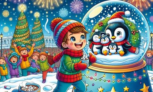 An illustration depicts a small snow globe filled with sparkling flakes, featuring a smiling family of penguins inside. The globe has a joyful face, its eyes shining with excitement as it observes the New Year's celebration. Next to it, a boy with brown hair, wearing a colorful party hat and a red scarf, jumps for joy, his face lit up by a big smile. He holds a cup of hot chocolate in his hands, gazing at the globe in wonder. In the background, a festive scene unfolds in a large square illuminated by colorful lights, with fireworks bursting in the starry sky, creating splashes of color. Children dance and laugh around a beautifully decorated Christmas tree, while adults gather to celebrate. The main focus is on the snow globe, filled with joy, experiencing the magic of New Year's Eve, surrounded by children counting down to midnight, their faces radiant with happiness. Additional graphic elements include confetti falling from the sky, twinkling stars, and festive decorations, creating a warm and joyful atmosphere, perfect for celebrating the New Year.