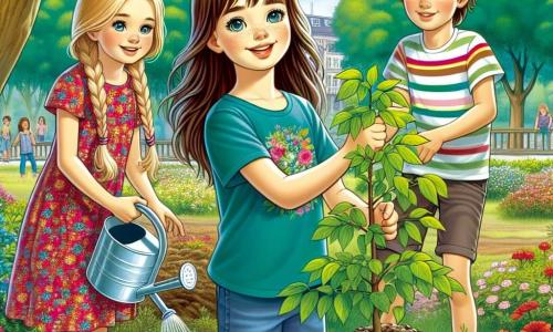 Maja, 11-letnia dziewczynka, ma długie brązowe włosy i oczy pełne ciekawości. Nosi kolorowy t-shirt z kwiatowym wzorem i dżinsowe szorty. Radośnie uśmiecha się, sadząc młode drzewo w ziemi, jej ręce są brudne od ziemi, co pokazuje jej determinację i entuzjazm w ochronie planety. Obok niej Natalia, również 11-letnia dziewczynka, ma warkocze blond włosów i nosi sukienkę w kwiaty. Trzyma konewkę i przygotowuje się do podlania młodego drzewa, z wyrazem skupienia i radości na twarzy. Kacper, 12-letni chłopiec z brązowymi włosami i w paskowanym t-shircie, zbiera śmieci wokół nich, z poważnym, ale zdeterminowanym spojrzeniem, pokazując swoje zaangażowanie w ochronę środowiska. Scena rozgrywa się w zielonym parku, pełnym kolorowych kwiatów i majestatycznych drzew, pod jasnoniebieskim niebem z kilkoma białymi chmurami. Ziemia pokryta jest liśćmi i małymi gałęziami, a powietrze wypełnione jest śpiewem ptaków. Główna sytuacja pokazuje Maję i jej przyjaciół biorących udział w akcji sprzątania i sadzenia drzew, zjednoczonych w misji ochrony natury i uświadamiania innych o znaczeniu dbania o planetę.