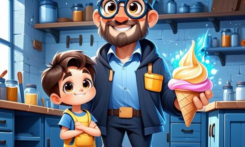 A man, Professor Percival Puddlewick, stands in his workshop, wearing round glasses and disheveled hair, with a joyful smile on his face. He has on a pocket-stuffed jacket and striped socks while holding a prototype of the Anti-Splat Ice Cream Holder, his eyes sparkling with excitement. Beside him is a 10-year-old boy named Ollie, with messy brown hair and a colorful t-shirt, watching in awe with his hands on his hips, ready to test the invention. The workshop is a magical place filled with buzzing machines, sparkling lights, and scattered plans on wooden tables. Various tools hang on the walls, and strange inventions, like a mechanical cat and a joke-telling clock, contribute to the playful atmosphere. The main scene shows the professor and Ollie testing their invention, with colorful ice cream cones and bright smiles, as a small umbrella unfolds to catch a scoop of ice cream that threatens to fall, creating a joyful and dynamic scene.