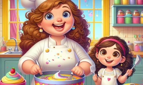 Chef Clara is a cheerful woman in her fifties, with curly hair and a white chef's hat that gives her a fun look. She wears a red apron decorated with small cupcakes and smiles with sparkling eyes while mixing colorful cake batter in a large bowl. Next to her is Lily, an eight-year-old girl with curly brown hair and big curious eyes, watching in awe. She wears a white kitchen blouse and holds a spatula, ready to help. The scene takes place in the warm kitchen of the bakery 