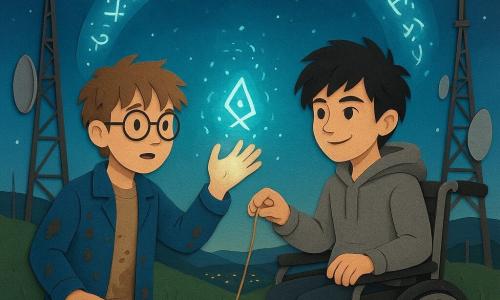 Two boys, about 11: one with messy chestnut hair, round glasses and a blue mud-stained jacket holds an open palm toward a glowing rune sparkling on his hand, standing front left; the other with tousled black hair in a gray hoodie sits in a manual wheelchair at front right, pushing a small improvised pulley and smiling determinedly at the rune. On a hilltop antenna park at dusk—tall thin metal towers, large silver dishes, windblown grass, gravel path and distant city lights—above them a light bridge like a floating path emits ribbons of teal and white runes. The boys join gestures to stabilize a luminous tear in the air: swirling runes form a net to 