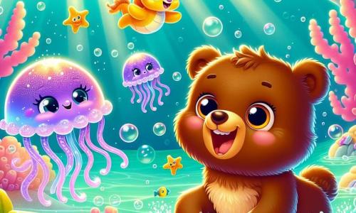 Un piccolo orso bruno di nome Tobia, con grandi occhi rotondi e un sorriso gioioso, nuota con entusiasmo in un'acqua turchese scintillante. Il suo pelo è leggermente bagnato e brilla sotto i raggi del sole. Accanto a lui, una piccola medusa viola di nome Lella, con tentacoli traslucidi e un volto sorridente, galleggia graziosamente, illuminando l'acqua intorno. Un cavalluccio marino giallo di nome Pippo, con occhi curiosi e una piccola corona di corallo sulla testa, nuota proprio dietro di loro, guardando con ammirazione. Sullo sfondo si trova una grotta sottomarina magica, con pareti di corallo rosa e pesci colorati che nuotano gioiosamente. Bolle d'aria danzano nell'acqua chiara, e stelle marine dorate si riposano sulla sabbia. La scena principale mostra Tobia e i suoi amici mentre costruiscono un muro di conchiglie e coralli per proteggere un tesoro brillante, con riflessi di luce che scintillano intorno a loro, creando un'atmosfera di avventura e amicizia.