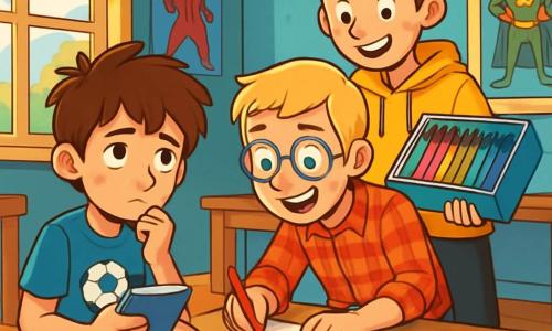 Er zijn 3 personages: Sem: een 10-jarig jongen met rommelig bruin haar en hazelnootkleurige ogen. Hij draagt een blauwe t-shirt met een voetbaltekening en een groene korte broek. Sem zit op de grond met gekruiste benen, met een klein notitieboekje in zijn handen, er peinzend uitziend. Bram: een 10-jarig jongen met blond haar en ronde brillen. Hij draagt een rood geruit overhemd en een spijkerbroek. Bram zit naast Sem, leunt naar voren met een grote glimlach en tekent op een vel papier. Koen: een 10-jarig jongen met kastanjebruin haar en sproeten. Hij draagt een gele hoodie en een zwarte broek. Koen staat achter Sem en Bram, met een grote doos kleurpotloden in zijn handen, klaar om hen te helpen met tekenen. De locatie is een kleurrijke clubhuis, met lichtblauwe muren en superheldenposters aan de muur. Er is een grote houten tafel in het midden, bedekt met vellen papier, potloden en speelgoed. Een raam laat zonlicht binnen, waardoor de kamer verlicht wordt en een warme, gastvrije sfeer creëert. De belangrijkste situatie toont Sem, Bram en Koen die samen aan een project werken, op zoek naar een plan om Sem te helpen zijn emoties te verwerken na de scheiding van zijn ouders. Ze zijn gefocust, verbonden door hun vriendschap en omringd door tekeningen en troostende woorden, die hun wederzijdse steun symboliseren.