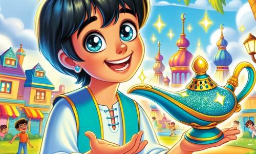 Aladdin, un băiat de 12 ani cu părul negru și ochi plini de curiozitate, stă în centrul scenei, zâmbind strălucitor în timp ce descoperă o lampă magică strălucitoare. Poartă haine colorate, un veston albastru viu și pantaloni ușori, care flutură ușor în vânt. Lângă el, Duhul Pădurii, o creatură majestuoasă de aproximativ 3 metri înălțime, cu piele smarald și ochi strălucitori ca stelele, plutește în aer, înconjurat de frunze aurii și flori luminoase. El îi zâmbește călduros lui Aladdin, pregătit să-i îndeplinească dorințele. Fundalul este un peisaj fermecător din Agrabah, cu palmieri înalți, clădiri colorate și un cer albastru azuriu presărat cu nori pufoși. Departe, se văd copii jucându-se vesel într-un parc verde, adăugând viață scenei. Situația principală îl arată pe Aladdin, uimit, frecând lampa magică, în timp ce Duhul Pădurii iese cu strălucire, pregătit să-i ofere trei dorințe, simbolizând începutul unei aventuri extraordinare.
