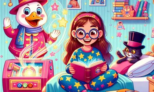 Una niña de 12 años, Valentina, con largos cabellos castaños y gafas redondas, está sentada en su cama, con los ojos brillantes de alegría y sorpresa. Lleva un pijama colorido con estrellas y sostiene un libro abierto en sus manos, riendo a carcajadas. A su lado, un gran pato rosa, el Pato Humorista, con un sombrero de mago y una gran sonrisa, hace gestos cómicos, mientras que un gato negro con un sombrero de copa, de aproximadamente 5 años, se esconde detrás de un cojín, listo para hacer un truco de magia. La escena ocurre en la habitación de Valentina, llena de juguetes, libros y luces centelleantes, con paredes pintadas de azul claro y pósters de sus héroes favoritos. En el centro de la imagen, la máquina de sueños, una gran invención colorida con botones luminosos y cables que sobresalen, emite un ligero humo de colores, mientras que destellos de confeti flotan en el aire, creando un ambiente alegre y mágico.