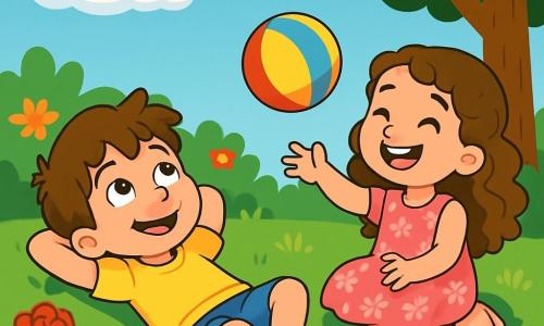 Um menino de 6 anos, Tomás, com cabelos castanhos bagunçados e um grande sorriso alegre, está deitado na grama verde do jardim, olhando para as nuvens. Ele usa uma camiseta amarela vibrante e shorts azuis, e seus olhos brilhantes mostram seu encantamento. Ao lado dele, sua melhor amiga Inês, uma menina de 6 anos com cabelos longos e cacheados, veste um vestido rosa com flores. Ela ri enquanto lança uma bola colorida para Tomás, que está sentado de pernas cruzadas. O jardim está cheio de flores vibrantes, como rosas vermelhas e margaridas brancas, e uma grande árvore sombreada oferece um abrigo fresco. O céu é de um azul brilhante, salpicado de nuvens brancas e fofas. Nesta cena, Tomás e Inês se divertem brincando juntos, rindo e aproveitando o calor do sol de verão, criando memórias alegres e despreocupadas.