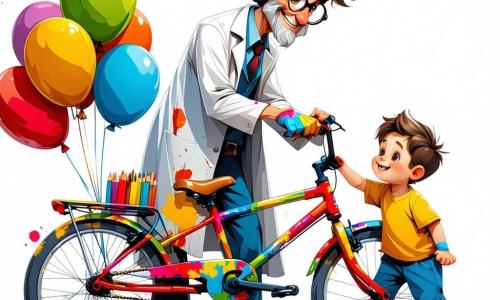 O personagem principal é um homem, o Professor Zeca, um inventor de cerca de 50 anos, com cabelos desgrenhados e óculos redondos que escorregam pelo nariz. Ele usa um jaleco de laboratório cheio de manchas de tinta e graxa, e tem um sorriso entusiasmado enquanto ajusta uma grande bicicleta colorida, adornada com balões. Ao seu lado está Léo, um garoto de 9 anos, com cabelos castanhos e olhos curiosos. Ele veste uma camiseta listrada e um short, segurando um caderno de esboços, pronto para desenhar as ideias que surgem em sua mente. A cena ocorre em um laboratório caótico, repleto de máquinas estranhas, planos espalhados sobre mesas de madeira e frascos com peças mecânicas. Engrenagens e ferramentas estão penduradas nas paredes, e uma janela deixa entrar a luz do sol, iluminando o ambiente de forma calorosa e criativa. A situação principal mostra o Professor Zeca e Léo testando uma bicicleta voadora, com balões presos à frente. A bicicleta está prestes a decolar, e os dois personagens expressam excitação e antecipação, prontos para viver uma nova aventura juntos.