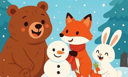 A brown bear with thick, soft fur is sitting on a small hill covered in sparkling snow. It has a big joyful smile and sparkling eyes. Next to it, a bright red-furred fox with a bushy tail looks at the bear with a curious and playful expression, holding a red scarf in its mouth, ready to give it. A white-furred hare with large ears hops joyfully near the bear, holding a small carrot in its front paws and displaying a mischievous smile. The landscape is filled with tall trees laden with snow under a clear blue sky dotted with fluffy white clouds. The bear and its friends are making a snowman, laughing and having fun together, while small snowflakes gently fall around them, adding to the magic of winter.