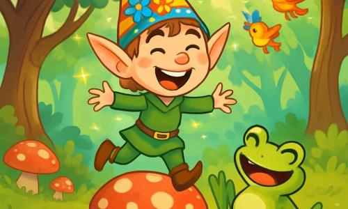 Un pequeño duende travieso, llamado Timo, con orejas puntiagudas y una gran sonrisa pícara, salta alegremente sobre un hongo rojo brillante, sus ojos chispeando de felicidad. Lleva un sombrero colorido adornado con flores y una túnica verde, riendo mientras está rodeado de un aura de magia brillante. A su lado, una gran rana verde llamada Rufi, con ojos redondos y una expresión alegre, intenta saltar pero cae de espaldas, riendo de su propia torpeza. Al fondo, una bandada de pequeños pájaros coloridos revolotea en el aire, cantando alegremente y sumando a la atmósfera festiva. El lugar es el magnífico Bosque de los Susurros, con árboles de troncos retorcidos y hojas brillantes que brillan bajo el sol, flores multicolores esparcidas por el suelo y rayos de luz filtrándose a través de las ramas. La escena principal muestra a Timo y Rufi divirtiéndose juntos, compartiendo risas y juegos, creando una atmósfera alegre y mágica, llena de colores vivos y felicidad contagiosa.