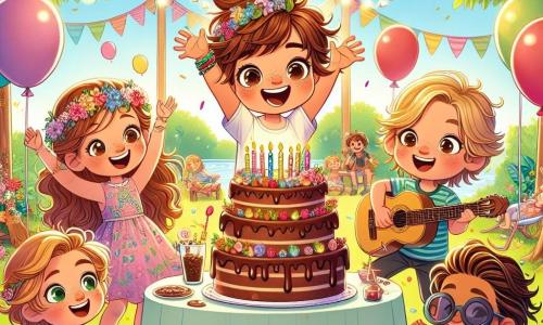 Al centro dell'immagine, Luca, un ragazzo di 8 anni con i capelli castani disordinati e occhi brillanti, sorride felicemente tenendo in mano una fetta di torta al cioccolato. A destra, Marco, un ragazzo di 9 anni con capelli biondi e occhiali rotondi, alza le braccia in segno di festa per l'anniversario del suo amico. A sinistra, Caterina, una ragazza di 8 anni con capelli lunghi e ricci, indossa una corona di fiori e canta gioiosamente con un grande sorriso. Sullo sfondo, Giulia, una ragazza di 7 anni con trecce e un vestito colorato, suona la chitarra, mentre Mattia, un ragazzo di 8 anni con occhiali da sole sulla fronte, balla con entusiasmo. Il decor è un parco verdeggiante, pieno di palloncini colorati che fluttuano nell'aria e festoni appesi agli alberi. Una grande tavola è imbandita con una magnifica torta di compleanno decorata con candele scintillanti, circondata da risate e giochi. La scena principale mostra i bambini che festeggiano il compleanno di Luca, creando un'atmosfera gioiosa e festosa, piena di colori vivaci ed energia.