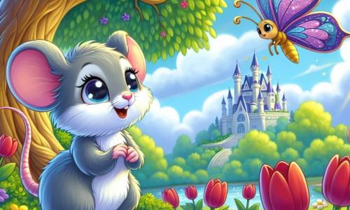 Una pequeña ratón llamada Rati, con un suave pelaje gris y ojos brillantes de curiosidad, se encuentra valientemente sobre una piedra, con el corazón latiendo de emoción y determinación. Ella observa atentamente a una mariposa colorida, Lila, que vuela a su alrededor, con alas brillantes de violeta y azul, expresando gratitud y alegría. El escenario es un jardín encantador, lleno de flores vibrantes como tulipanes rojos y margaritas amarillas, con un gran árbol majestuoso al fondo. El cielo es de un azul claro, salpicado de nubes esponjosas, y un suave rayo de sol ilumina la escena. La situación principal muestra a Rati, lista para ayudar a Lila, que está atrapada entre dos ramas, mientras que el gran árbol del jardín, con sus hojas verdes, parece escuchar atentamente su conversación.