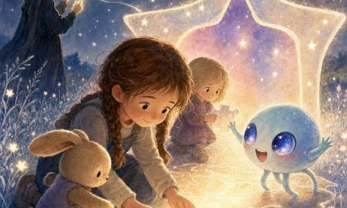 Lina, 6 jaar, rond gezicht en sproeten, zelfverzekerde vriendelijke blik, bruine twee vlechtjes, knielt en legt het laatste stuk van een stervormige puzzel op de lichtgevende grond; Pluis, klein beige knuffelkonijn, tegen haar been, duwt zachtjes met een poot; Miri, klein melkblauw buitenaards wezentje met drie dunne pootjes en grote galaxykleurige ogen, springt blij bij de deur, verwonderd en dankbaar; Noor, ongeveer 6 jaar, kort blond haar, verlegen glimlach, staat achter Lina en helpt een puzzelstuk plaatsen; Kato, lange reiziger met verlichte vingers die lijnen van licht tekenen, staat iets op de achtergrond en gidst het leggen; locatie: nachtelijke open plek met zilverachtig gras, kleine sterrenbloemen, een boog van licht en zwevende lichtstof; scène: warme samenkomst van vrienden die de stukken van een glanzende kaart-puzzel voor een stervormige lichtdeur samenleggen, pastelkleuren en sprankelende accenten, compositie gecentreerd op Lina en de lichtdeur.