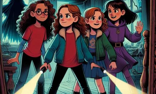 Cuatro chicas valientes, Valeria (12 años, cabello castaño y rizado, con una camiseta roja y jeans), Luna (11 años, cabello rubio y liso, vestida con un vestido azul), Camila (12 años, cabello negro y rizado, con un suéter morado) y Sofía (11 años, cabello castaño recogido en una coleta, con una chaqueta verde), están juntas en una vieja casa abandonada. Se encuentran en el centro de una habitación oscura, rodeadas de paredes de madera deterioradas, con telarañas en las esquinas y un viejo espejo agrietado que refleja una silueta misteriosa. La luz de la linterna de Sofía ilumina un libro antiguo abierto sobre una mesa polvorienta, mientras un viento helado hace temblar las ventanas. Las chicas, con expresiones de determinación y asombro, enfrentan la silueta oscura que emerge del espejo, listas para desafiarla. La escena está llena de una atmósfera de misterio y aventura, con sombras danzantes y destellos de luz que crean un contraste cautivador.