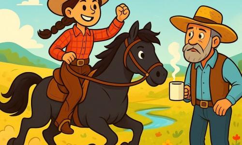 Eine junge Cowboyfrau, Maggie, steht stolz auf einem schwarzen Pferd namens Blitz, mit einem entschlossenen Lächeln im Gesicht. Sie trägt einen beigen Cowboyhut, ein kariertes rotes Hemd und Lederhosen. Ihre braunen Haare sind zu einem Zopf geflochten, der über ihre Schulter fällt. Neben ihr beobachtet ein mittelalter Mann, Mr. Carter, mit einem großen Strohhut und grauem Bart, die Szene besorgt. Er hält eine dampfende Tasse Kaffee und steht nahe bei der Kache, mit einer Hand auf der Hüfte. Die Kulisse ist eine weite goldene Wiese, gesprenkelt mit bunten Wildblumen, unter einem hellblauen Himmel mit einigen weißen Wolken. In der Ferne zeichnen sich sanfte Hügel am Horizont ab, und ein kleiner Bach glitzert in der Sonne. Die Hauptsituation zeigt Maggie, mutig und bereit, sich einer Herausforderung zu stellen, während sie die Kache durch einen leichten Wind führt, mit Staubwolken, die um sie herum aufsteigen, während Vögel über ihren Köpfen fliegen.