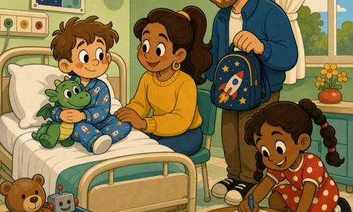 Max, een 6-jarige jongen met verward lichtbruin haar en een verlegen glimlach, zit op een ziekenhuisbed met witte lakens en houdt zijn groene knuffel "Draakje" tegen zijn borst; zijn moeder (±30) met bruin paardenstaartje en mosterdgeel truitje zit naast het bed en houdt zijn hand, zijn vader (±32) met lichte baard en blauwe jas staat glimlachend met een sterrencollegezak, en Noor (±6) met twee bruine vlechten en een rood stippenjurkje hurkt bij een salontafel en biedt een grote kleurrijke tekening aan — lichte kamer met pastelgroene muren, grote raam met wit gordijn, speelgoedkist en raketposter, sfeer warm en geruststellend; stijl: verzadigde kleuren, dikke zwarte contouren, zachte ronde vormen en vriendelijke overdreven expressies.