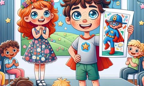 An 8-year-old boy, Max, with curly brown hair and sparkling blue eyes, stands on a talent show stage, smiling widely while holding a colorful drawing of his superhero, Captain Brave. Next to him, an 8-year-old girl, Lily, with red hair and freckles, enthusiastically claps, wearing a pretty floral dress and standing slightly back to encourage Max. In the background, a group of children sits on chairs, all captivated by the presentation, with admiring expressions on their faces. The setting is a classroom decorated with children's drawings, colorful balloons, and streamers, creating a joyful and festive atmosphere. The main scene shows Max, full of confidence, sharing his art with the audience, illustrating the theme of school and self-discovery through creativity.