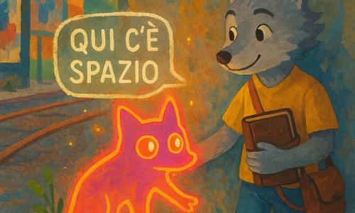 Nilo, piccolo lupo antropomorfo dal pelo grigio cenere, occhi attenti e calmi, tiene un taccuino in pelle scura chiuso da un elastico giallo e sorride rassicurante guardando il muro. RE VANTA, un graffiti divenuto creatura piatta e luminosa con contorni neon rosa e arancione e occhi rame, appare timido e sollevato; si riattacca lentamente al muro come vernice che ritorna al suo posto. La borsa di Nilo pende dalla spalla; la sua zampa destra sfiora quasi il muro guidando RE VANTA. Il muro di cemento, ampio e ruvido, è coperto di vernice secca; sotto la scritta nitida QUI C’È SPAZIO le lettere sono pulite, bianche e leggermente luminose. Intorno binari del tram arrugginiti, cartelloni strappati, erbacce e rovi che spuntano dall'asfalto e qualche scintilla magica nell'aria. Momento di riconciliazione visiva: RE VANTA torna graffiti senza arroganza, Nilo lo accompagna; scena di trasformazione della vanità in accoglienza, luce soffusa, atmosfera urbana e calda.