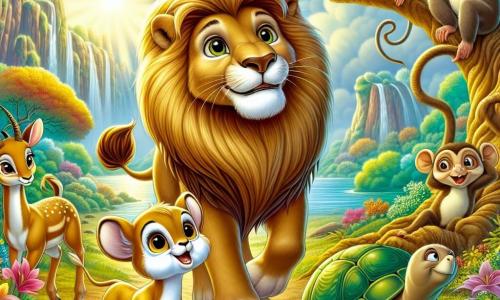 Um leão majestoso chamado Leo, com uma linda juba dourada que brilha ao sol, está no centro da cena. Sua expressão é determinada e corajosa, enquanto ele olha para seus amigos com um sorriso encorajador. À sua direita, uma gazela ágil chamada Gigi, com pelagem castanho claro e grandes olhos curiosos, salta alegremente, pronta para a aventura. À esquerda, um macaco travesso chamado Mico, com pelagem marrom e cauda enrolada, sobe em um galho de árvore, observando a paisagem com entusiasmo. Uma tartaruga doce e sábia, Tula, com uma carapaça verde e olhos amigáveis, está ao lado de Leo, pronta para ajudar. O cenário é uma floresta encantada, cheia de árvores majestosas com folhas vibrantes, flores brilhantes e um suave raio de sol filtrando entre os galhos. Ao longe, uma montanha se ergue, com uma caverna misteriosa que revela um lago cintilante. A situação principal mostra Leo e seus amigos unidos, prontos para buscar água para salvar sua floresta, simbolizando a amizade e a coragem diante da adversidade.