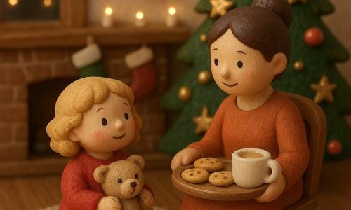 A 2-year-old girl, Rosie, with curly blonde hair and rosy cheeks, is wearing a fluffy red pajama. She sits on a soft rug, holding a cuddly teddy bear, gazing out the window in wonder. Her mom, a woman around 30 with brown hair in a bun, is beside her, holding a tray of cookies and warm milk, smiling tenderly at Rosie. The living room is decorated with twinkling lights and a large Christmas tree adorned with shiny baubles and golden stars. The fireplace in the background has colorful stockings carefully hung. The main scene shows Rosie and her mom sharing a moment of joy and connection in the warm and festive Christmas atmosphere.