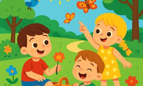 Er zijn 3 personages: Tom, een 6-jarig jongetje met bruin haar en sprankelende ogen, zit op het gras en toont een mooie bloem. Sam, een 5-jarig meisje met blond haar in vlechten, staat naast Tom en wijst naar een mooie vlinder. Max, een 4-jarig jongetje met kastanjebruin haar en een grote glimlach, zit tegenover Tom en Sam en lacht terwijl hij in zijn handen klapt. De locatie is een zonnig park vol kleurrijke bloemen, groene bomen en goed onderhouden gazons. Vogels zingen in de takken en een lichte bries laat de bladeren dansen. Op de achtergrond kronkelt een klein pad tussen de bomen. De hoofdscène toont Tom, Sam en Max die samen een picknick houden op het gras, omringd door de natuur, terwijl ze een vrolijke maaltijd delen, lachen en spelen, terwijl een kleurrijke vlinder om hen heen vliegt.