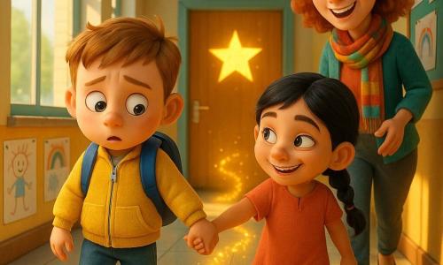 An 8-year-old round-faced boy with short light brown hair and big curious eyes, shy yet amazed, wearing a blue backpack and yellow jacket, looks at his squeaky new shoes; beside him walks Mia, an 8-year-old girl with black braided hair and a mischievous confident smile, holding his hand and reassuring him; a woman teacher in her 30s with curly red hair and a colorful scarf smiles and points to a door with a golden star as she stands before the class; bright school corridor with large windows, children's drawings on the walls, a shiny floor with a glitter arrow leading to a golden door; morning arrival as children follow the sparkling arrow to the "Magic Room," warm light spilling from the door, joyful, wondrous atmosphere; vivid contrasting colors, soft slightly cartoonish textures, warm lighting, exaggerated readable facial expressions.