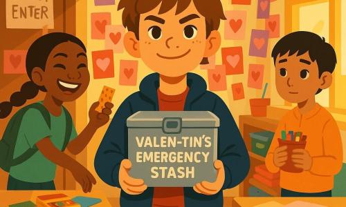 The main character is a determined, smiling 12-year-old boy with messy brown hair and light freckles, wearing a navy jacket and jeans, holding a shiny metal box labeled VALEN-TIN’S EMERGENCY STASH against his chest; beside him to the left is Jada, an energetic, mischievous 12-year-old girl with dark skin and a long braid, wearing a green backpack and offering a granola bar with a smile, and to the right near the window is Jun, a reserved, shy 12-year-old boy with short black hair holding a small pouch of colored pencils; the scene is a colorful classroom with Valentine’s Day cards on the wall, a table with packs of pencils and paper, messy shelves and a door scrawled with DO NOT ENTER, warm light from the window, children gathering and sharing pencils for Valentine’s Day, centered composition on the boy with the box, friendly expressions, bright palette of reds, pinks, yellows and blues, simple contrasting shapes, warm cooperative atmosphere.