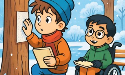 There are two main characters: Leo, a 10-year-old boy with messy brown hair, wearing a bright red scarf and a blue hat. He holds a sketchbook under his arm and is intently looking at a tree. Amir, also 10, has black hair and round glasses, dressed in a green jacket and black gloves. He sits in his wheelchair, smiling, and observes Leo with curiosity. The main setting is an enchanting winter park, with majestic trees covered in sparkling snow, frost-adorned wooden benches, and a frozen pond reflecting the light blue sky. Snowflakes gently fall, creating a magical atmosphere. The main situation shows Leo and Amir drawing winter textures in their sketchbooks, surrounded by the peaceful beauty of the park. Leo kneels by a tree to make a rubbing of the bark, while Amir attentively captures the scene, ready to share his own drawing.