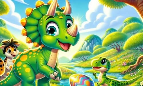 Ein junger Triceratops namens Tilli mit leuchtend grüner Haut und gelben Mustern steht fröhlich im Mittelpunkt des Bildes, seine großen Augen strahlen vor Aufregung und ein breites Lächeln ziert sein Gesicht. Neben ihm beugt sich eine kleine Brachiosaurus namens Bella mit langem Hals und braunen Flecken, um saftige Früchte von einem Baum zu pflücken, während ein schneller Velociraptor namens Rico mit grünen Federn und neugierigem Blick um sie herumläuft, bereit zu erkunden. Die Szenerie ist ein wunderschöner, grüner Talboden, gefüllt mit bunten Blumen, großen Bäumen mit dicken Stämmen und einem blauen Himmel, der mit flauschigen weißen Wolken übersät ist. Im Hintergrund funkelt ein Bach in der Sonne und verleiht der Szene einen Hauch von Magie. Die Hauptsituation zeigt Tilli und seine Freunde, die ein leuchtendes, buntes Ei entdecken, das in den Büschen versteckt ist, alle drei fasziniert und neugierig, bereit, gemeinsam ein neues Abenteuer zu erleben.