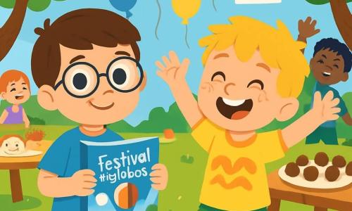 Hay 2 personajes principales: Tomás, un niño de 8 años con cabello castaño y gafas redondas, que lleva una camiseta azul con un dibujo de globo y un short rojo, de pie, sonriendo y sosteniendo un libro colorido sobre el festival de globos; y Lucas, un niño de 8 años con cabello rubio despeinado y pecas, que lleva una camiseta amarilla con motivos de samba y un short verde, al lado de Tomás, bailando alegremente con los brazos en alto. La escena se desarrolla en un parque soleado, lleno de grandes árboles de hojas verdes brillantes, con globos coloridos flotando en el cielo azul y mesas con deliciosos platillos como tacos y brigadeiros. Los niños ríen y juegan, creando una atmósfera festiva. La historia muestra a Tomás y Lucas, rodeados de amigos, compartiendo sus descubrimientos sobre culturas del mundo mientras preparan platos típicos, llenos de entusiasmo, riendo y bailando con sonrisas radiantes.