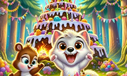 In the center of the image, Wally, a little wolf with bright eyes and soft, fluffy fur, is jumping for joy in front of a huge volcano-shaped birthday cake overflowing with colorful jelly. His expression is one of wonder and happiness, with a big smile revealing his small white teeth. To his right, Tilly, a small squirrel with brown fur and sparkling eyes, is dancing enthusiastically, her little paws raised, surrounded by flower garlands. She looks excited and joyful, ready to celebrate. To the left, Benny, a teddy bear with soft golden fur, holds a plate filled with cake pieces, his face beaming with happiness and pride. He looks at Wally with a warm smile, ready to share this special moment. The setting is an enchanted clearing, bordered by majestic trees with vibrant green leaves, with sunlight filtering through the branches, illuminating the scene with a golden light. Colorful flowers and butterflies flutter around them, adding a touch of magic to the environment. The main situation shows Wally and his friends celebrating his birthday, surrounded by laughter and joy, as they dive into the volcano cake, creating a festive and warm atmosphere.