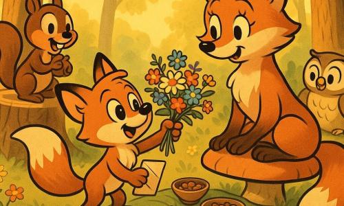 Die Szene zeigt Max, einen kleinen roten Fuchs, freudig und stolz mit einem Wildblumenstrauß und einer gefalteten Karte; seine Mutter, eine größere gerührte Fuchsin mit sanftem Lächeln, sitzt auf einem großen Pilz; Freund Ben, ein schelmisches braunes Eichhörnchen mit ein paar Haselnüssen, sitzt auf einem Baumstumpf links; Freundin Emma, eine beige Eule, sitzt auf einem niedrigen Ast; als Schauplatz dient eine sonnige Waldlichtung mit grüner Wiese, farbigen Blumen und einer großen Blattdecke als Tischdecke, mit Schalen voller Beeren und Nüsse; im Mittelpunkt die Übergabe von Strauß und Karte, die Freunde klatschen, warme Farben, sanfte Kontraste, runde Formen und dicke schwarze Konturen, zärtliche, festliche Stimmung.