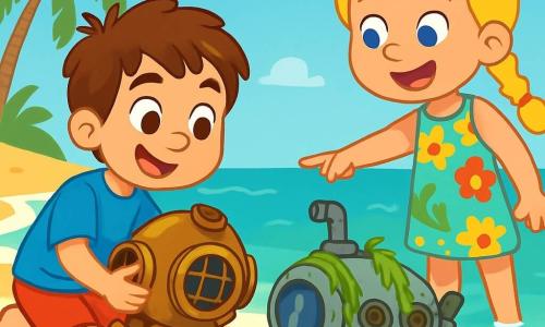 Há 2 personagens principais: - João: um garoto de 7 anos, com cabelo castanho bagunçado e olhos brilhantes de curiosidade. Ele usa uma camiseta azul e um short vermelho, e está agachado perto da água, segurando um velho capacete de mergulho. - Sofia: uma menina de 6 anos, com cabelo loiro trançado e um grande sorriso. Ela usa um vestido florido e está em pé ao lado de João, apontando para um pequeno submarino de metal coberto de algas. O cenário principal é uma praia ensolarada, com areia dourada brilhando sob o sol. As ondas suaves do oceano turquesa tocam a costa, enquanto conchas coloridas estão espalhadas pelo chão. Ao fundo, palmeiras balançam suavemente na brisa, e o céu é de um azul vibrante, salpicado de algumas nuvens brancas e fofas. A situação principal da história mostra João e Sofia descobrindo um antigo capacete de mergulho e um pequeno submarino, cheios de empolgação e curiosidade, prontos para explorar as maravilhas escondidas do fundo do mar.
