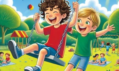 Due ragazzi, Luca e Marco, di 7 anni, sono al centro dell'immagine. Luca ha i capelli castani e ricci, indossa una maglietta rossa e pantaloni corti blu, sorridendo felicemente. Marco, con capelli biondi e lisci, è vestito con una maglietta verde e pantaloni corti gialli, ridendo mentre spinge Luca su un'altalena. Lo sfondo è un parco soleggiato, pieno di fiori colorati, grandi alberi verdi e un'area giochi vivace. Sullo sfondo, bambini giocano a palla e famiglie fanno picnic su coperte. Il cielo è blu con alcune nuvole bianche soffici. La scena principale mostra Luca sull'altalena, con le braccia alzate, mentre Marco lo spinge con entusiasmo. I due amici sono circondati da risate e gioia, catturando lo spirito delle vacanze estive.